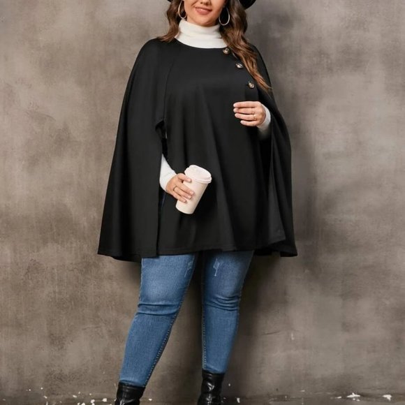 Plus Size Black Button Front Cloak Sleeve Coat Jacket cape - Picture 4 of 4